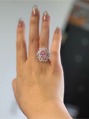 Pink Oval Halo Statement Ring in Silver